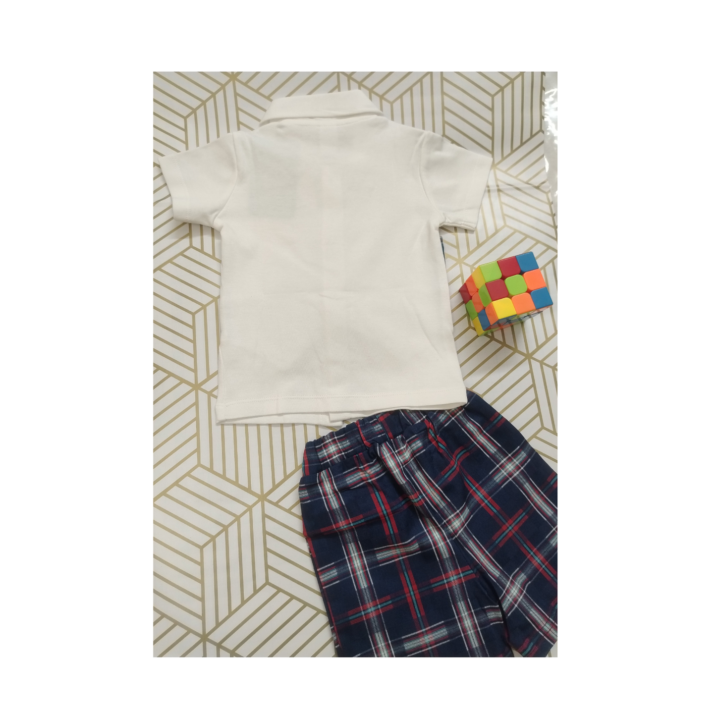 Navyblue checks shirt with waistcoat, shorts and bow