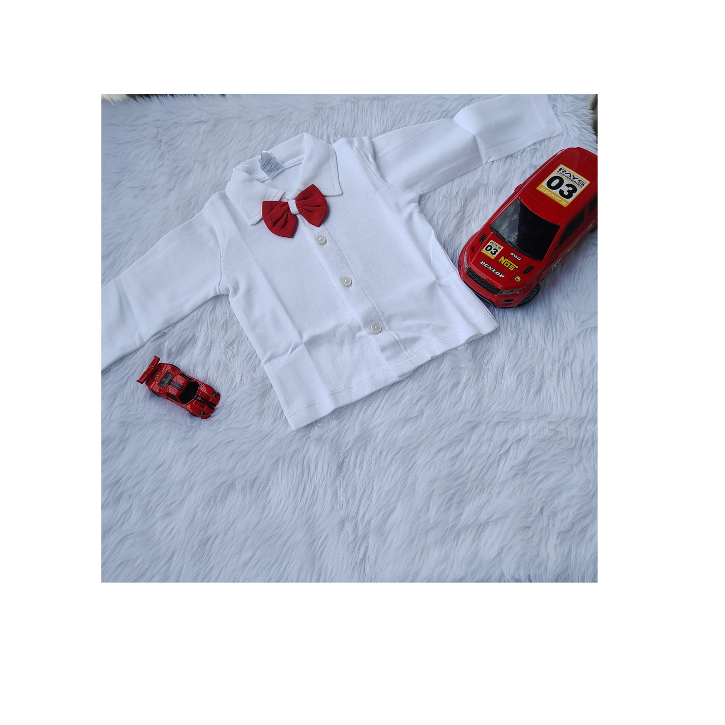Red and white shirt with dungaree