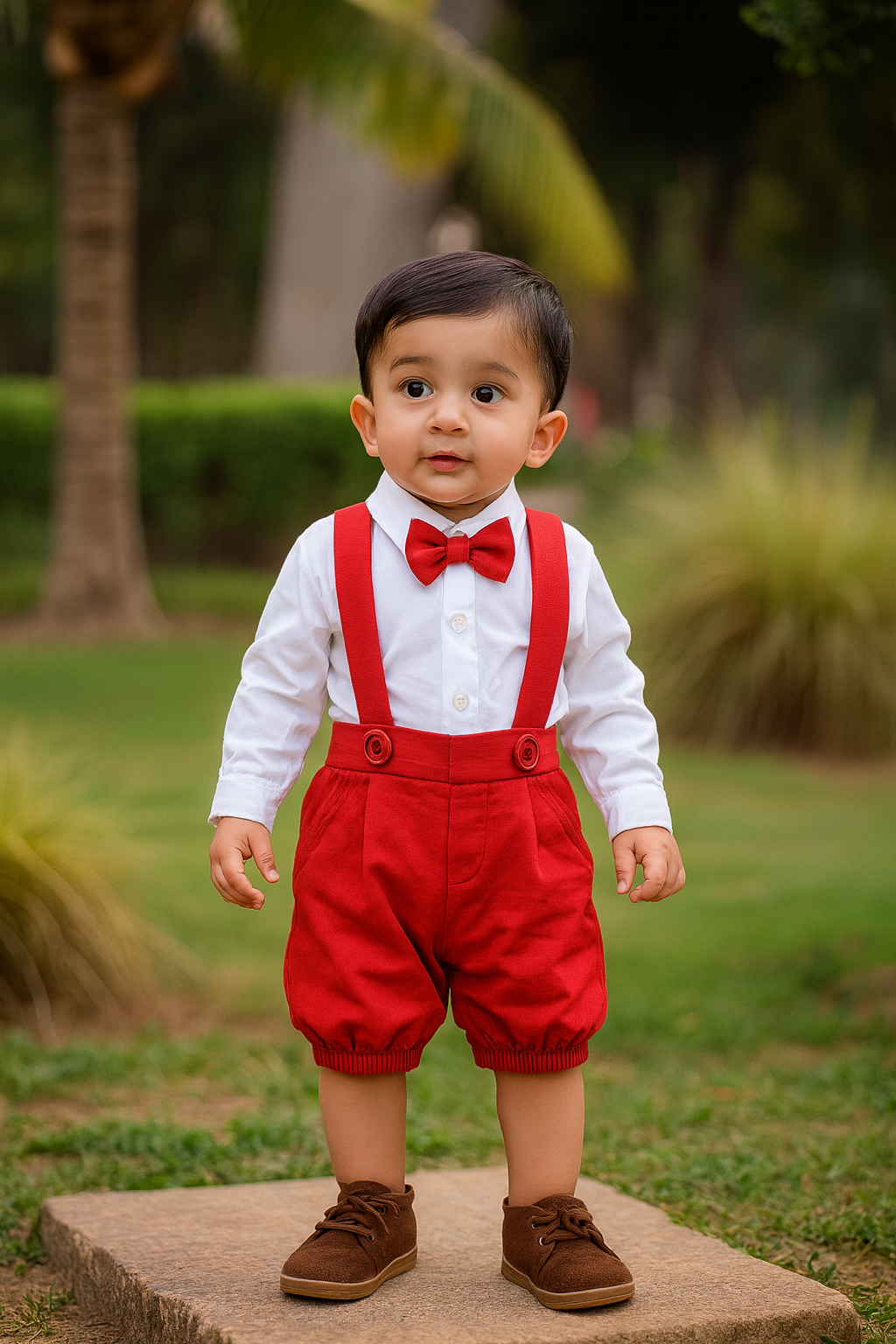 Red and white  shirt with dungaree