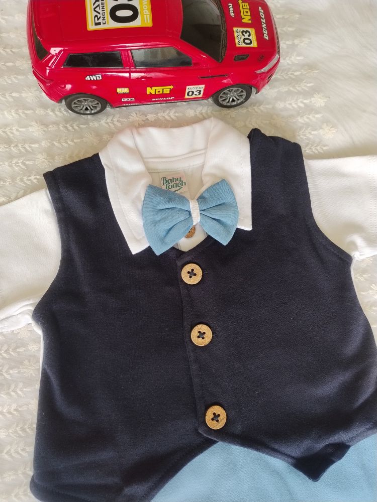 Blue and black dungaree with bow