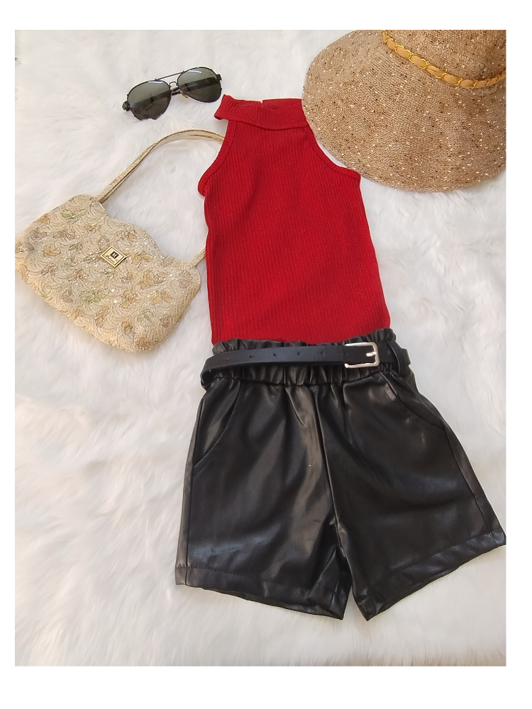 Halter neck top with  leather shorts