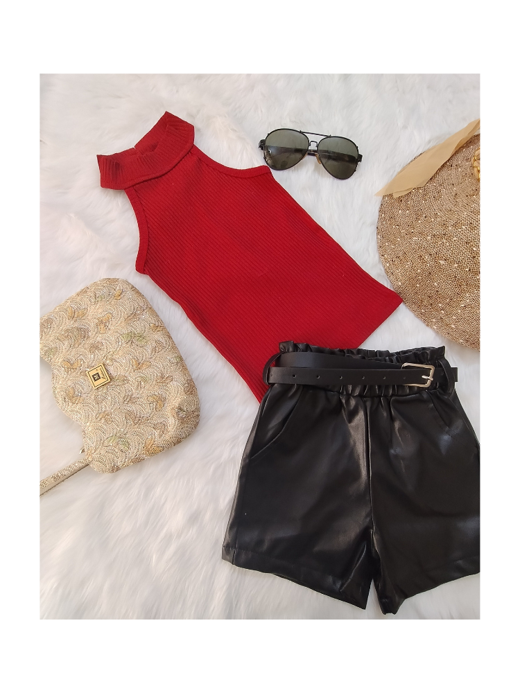 Halter neck top with  leather shorts
