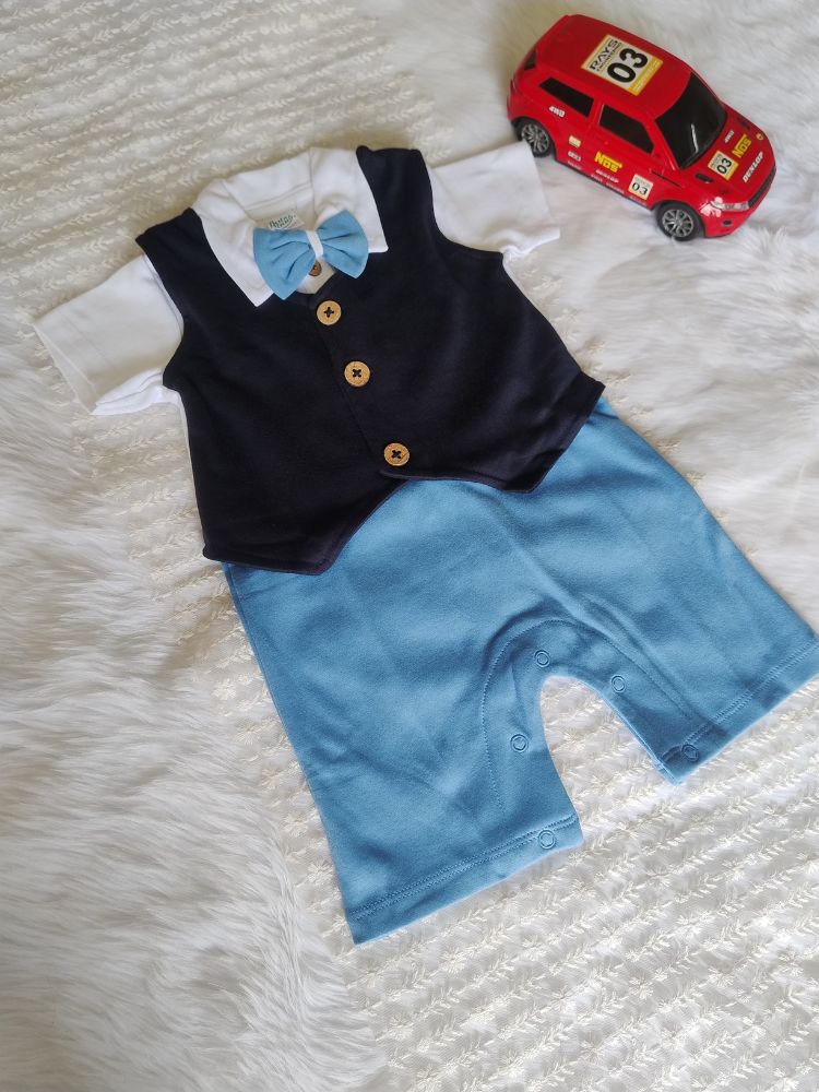 Blue and black dungaree with bow