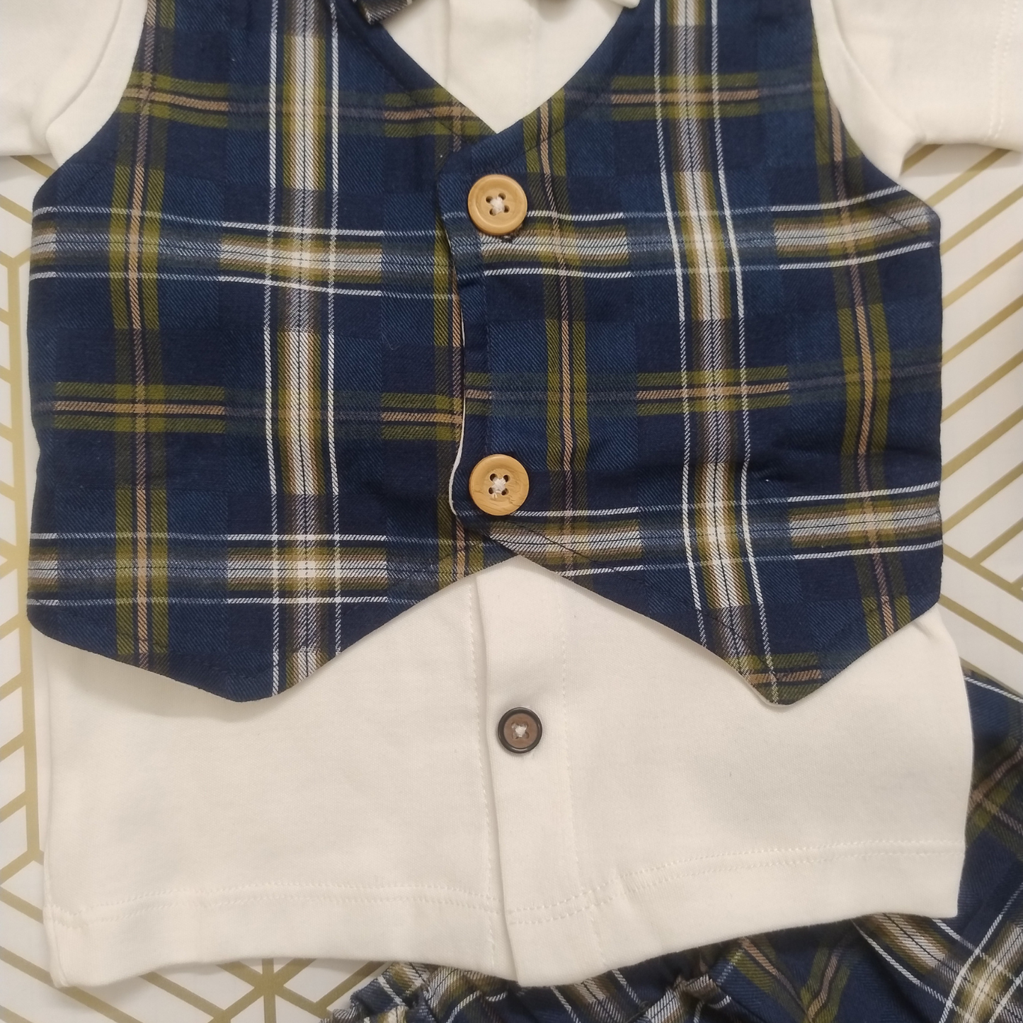 Navyblue  checks shirt with waistcoat, shorts and bow