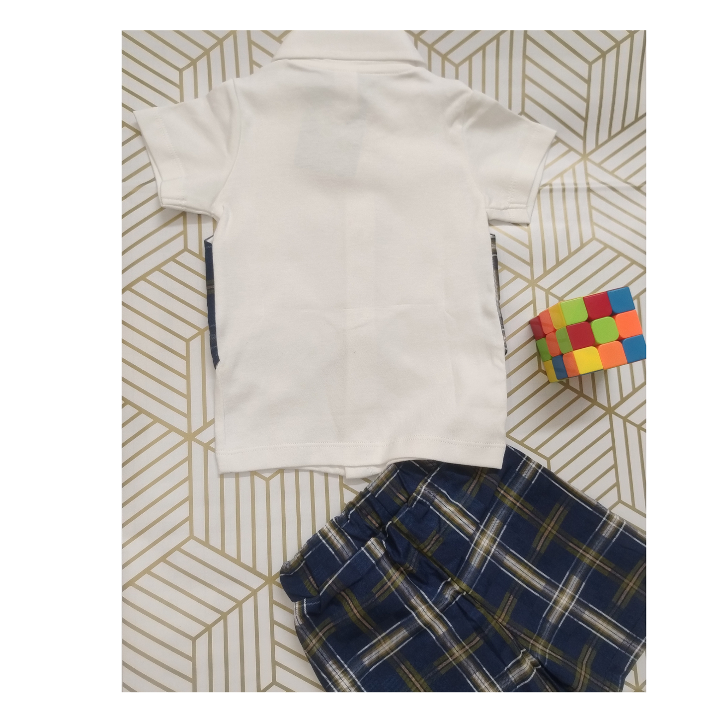 Navyblue  checks shirt with waistcoat, shorts and bow