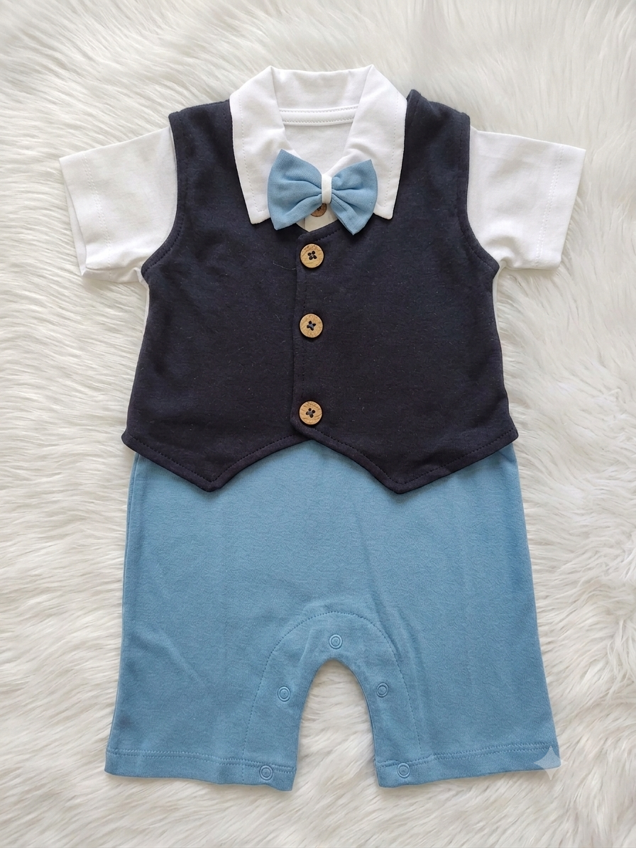 Blue and black dungaree with bow