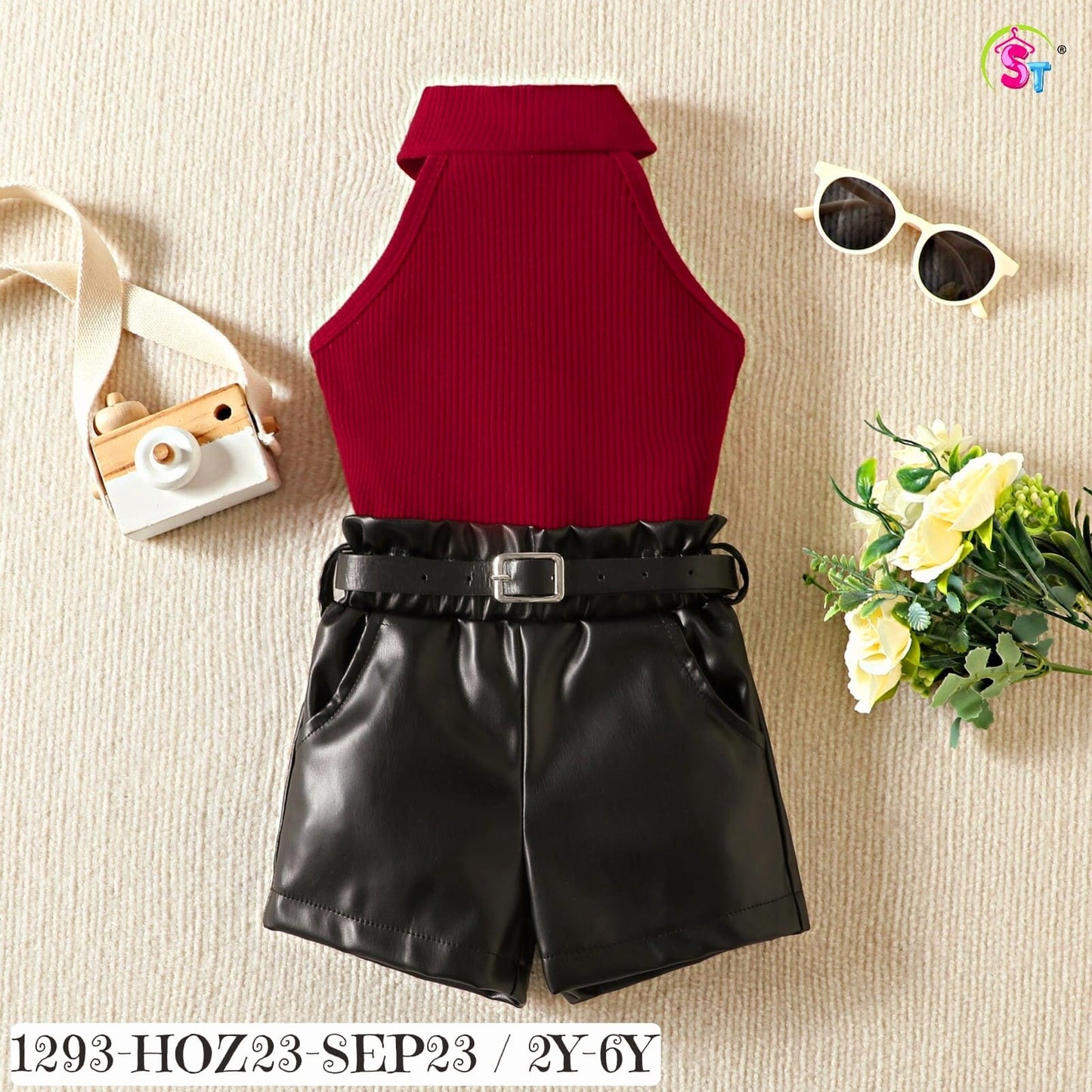 Halter neck top with  leather shorts