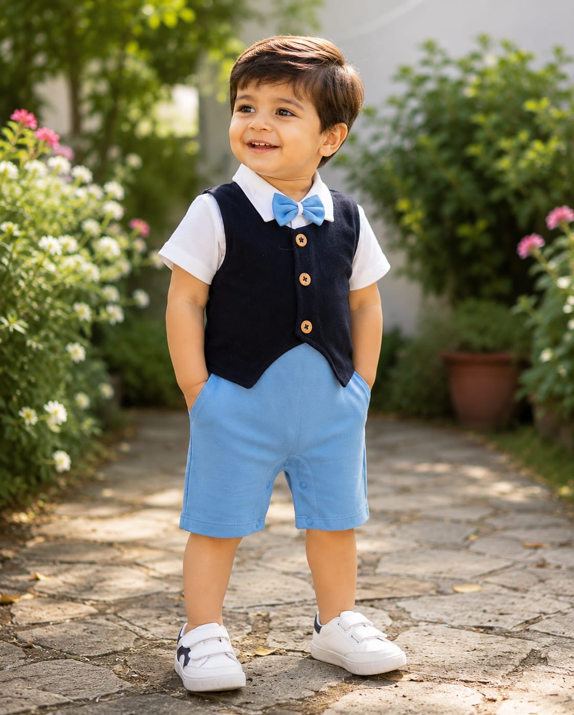 Blue and black dungaree with bow