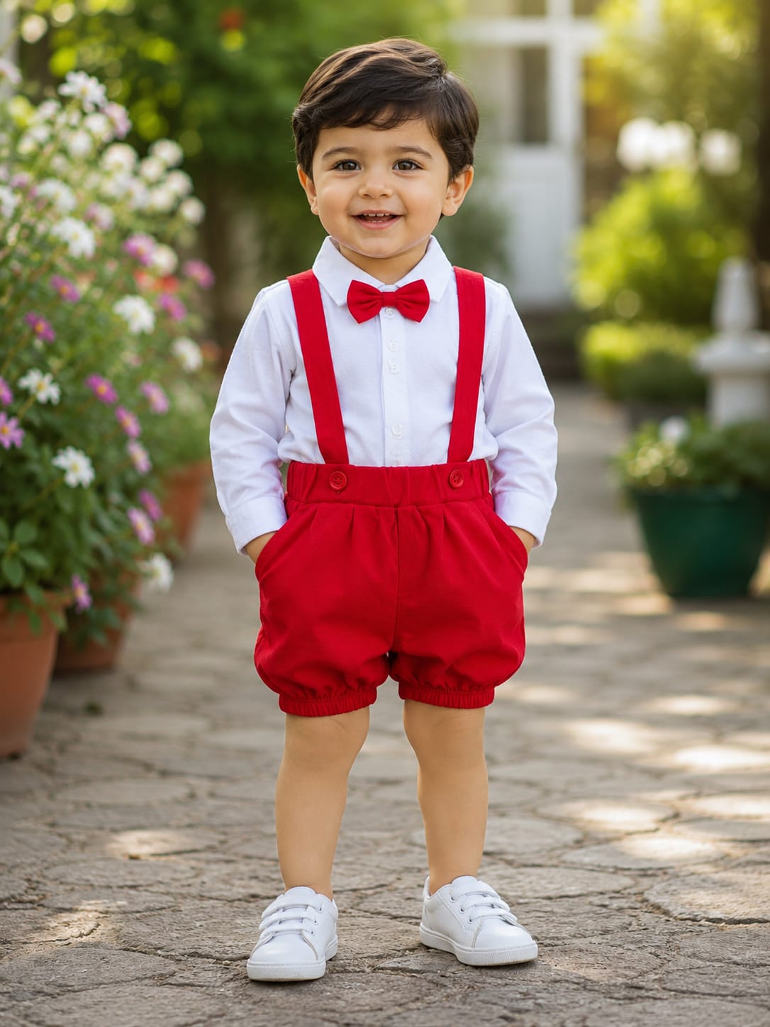 Red and white  shirt with dungaree