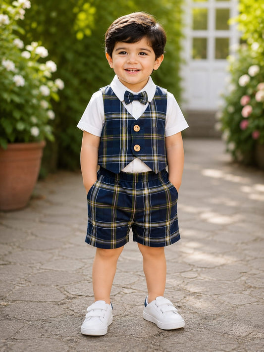 Navyblue  checks shirt with waistcoat, shorts and bow