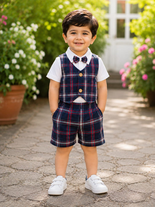 Navyblue  checks shirt with waistcoat, shorts and bow