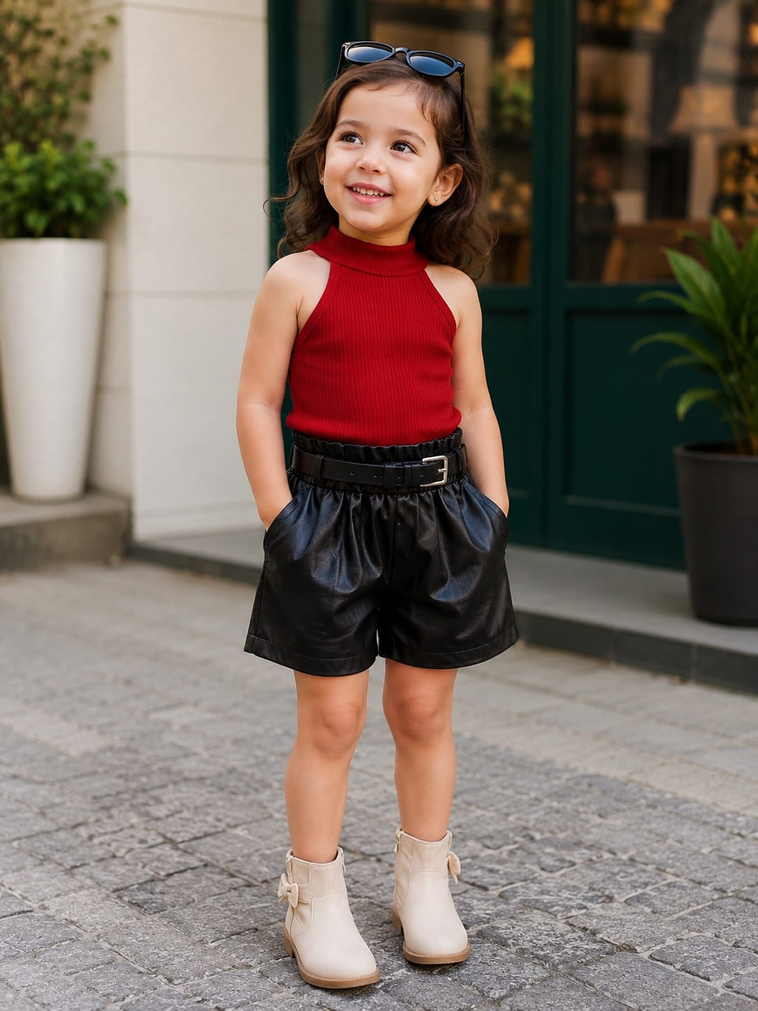 Halter neck top with  leather shorts